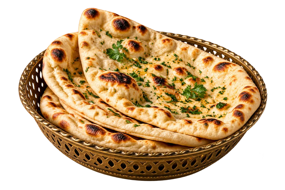 Freshly baked naan arranged in a brass bread basket
