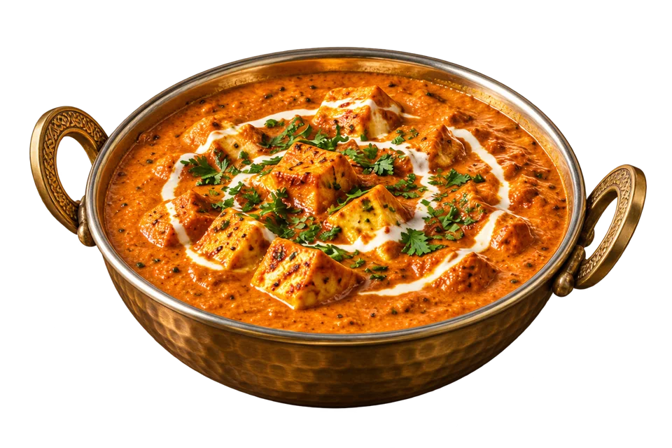 Paneer in a rich orange curry served in a brass bowl