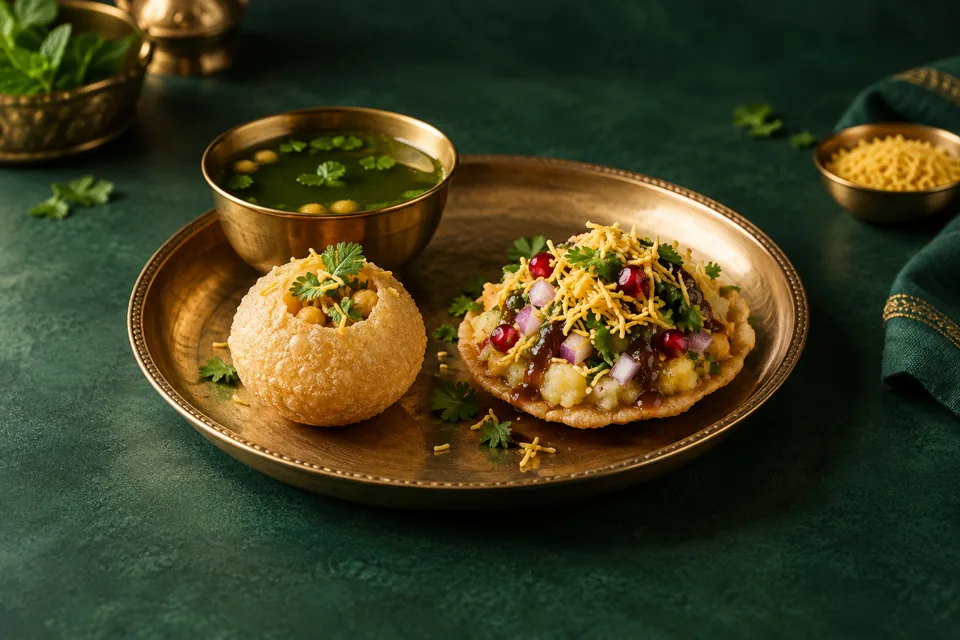 Crisp pani puri with chutneys and fresh garnishes