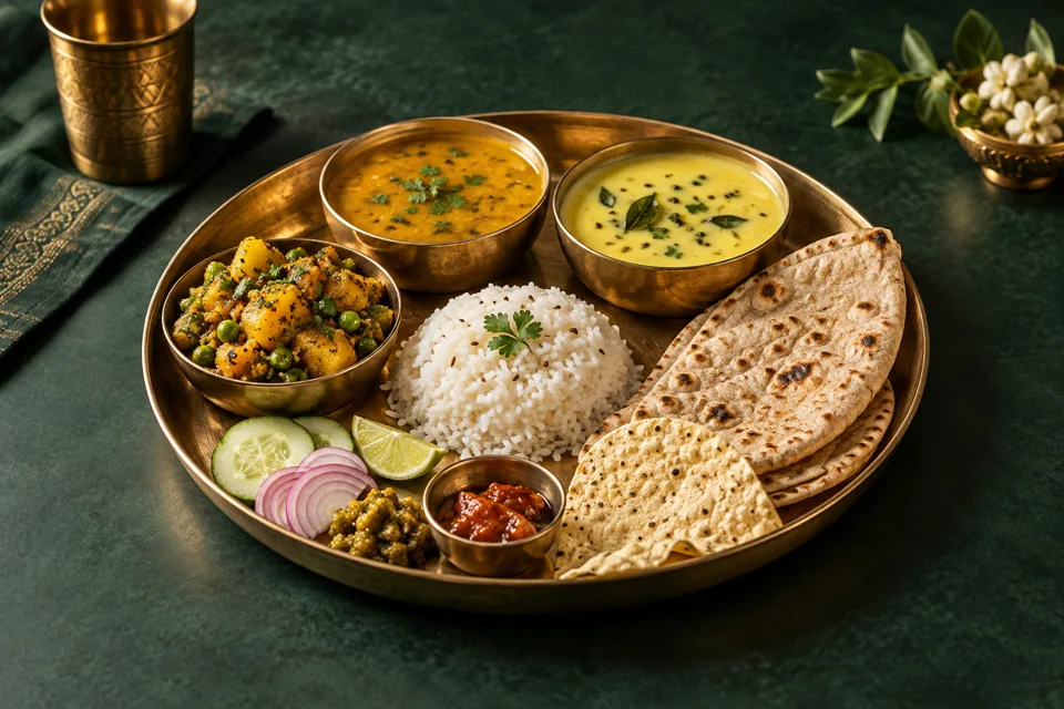 Gujarati vegetarian dishes served together