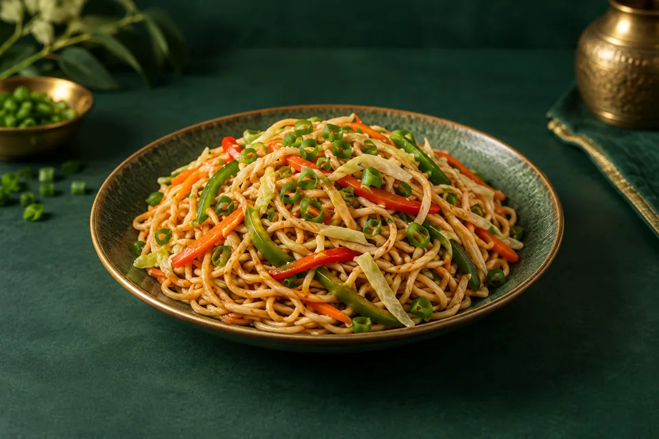 Vegetable Hakka noodles with colourful vegetables