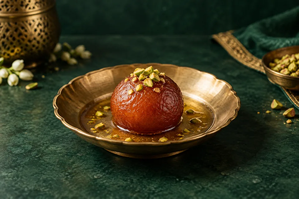 Gulab jamun served on a decorative plate